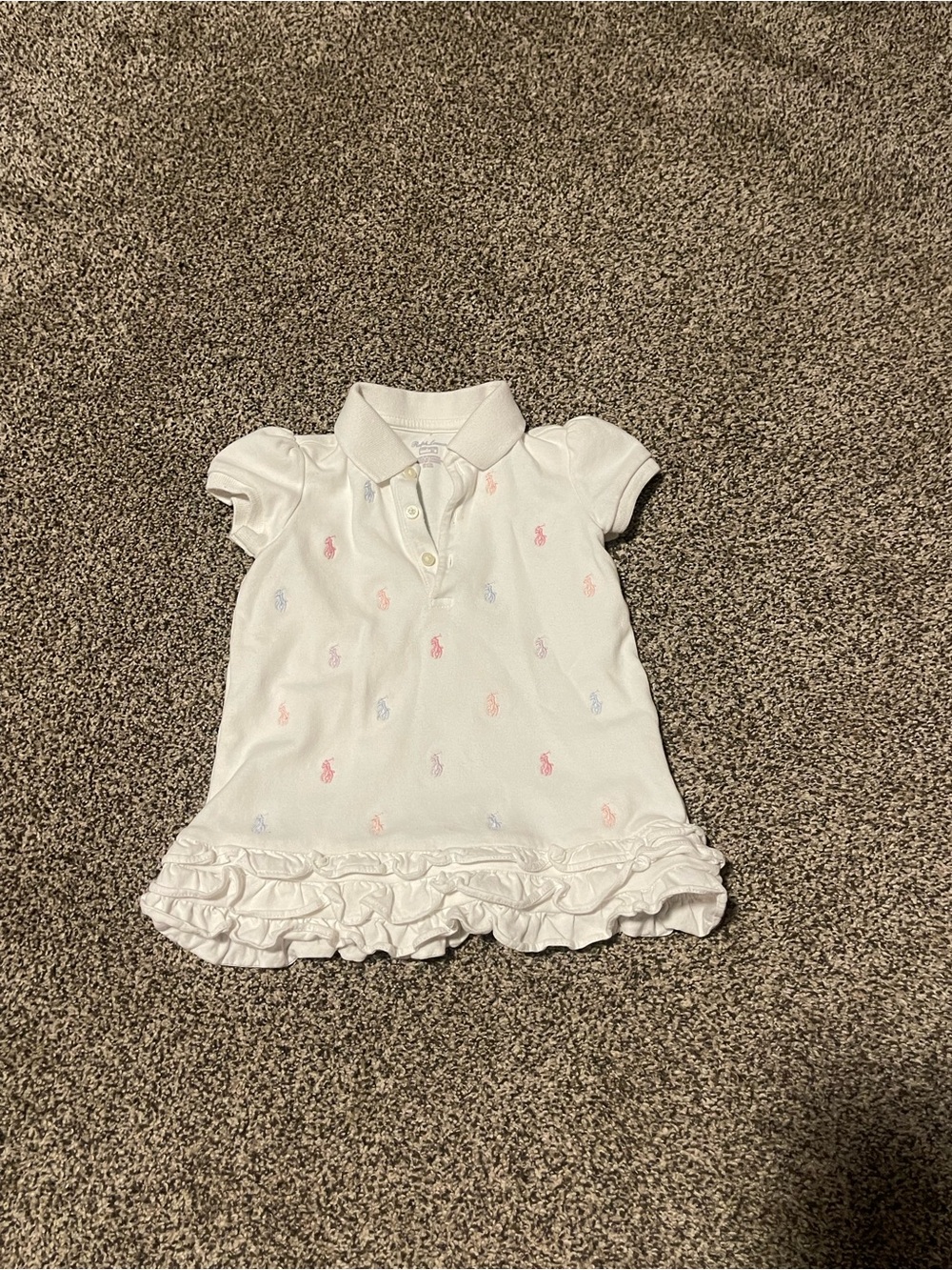 Ralph Lauren White Polo Dress with Pastel Pony Embroidery and Ruffled Hem